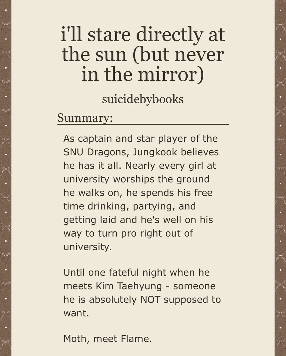chapter134340's tweet photo. 📖 i'll stare directly at the sun (but never in the mirror)– suicidebybooks
👥 TH x JK 
🧠 jk’s character development was really good 
✨ I loved the angst. Two idiots in love
🔗 https://t.co/PQtmZ425LV https://t.co/nxUaCkIVMQ