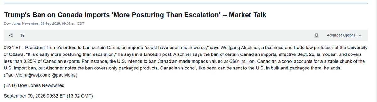 paulvieira's tweet photo. President Trump's moves Tuesday to ban certain Canadian imports and adjust tariffs are being described as 'small potatoes' by some economists/trade lawyers. The bigger issue is whether this darkens the likelihood of any trade truce between Ottawa and DC. On WSJ wires: https://t.co/60QLlYGBix