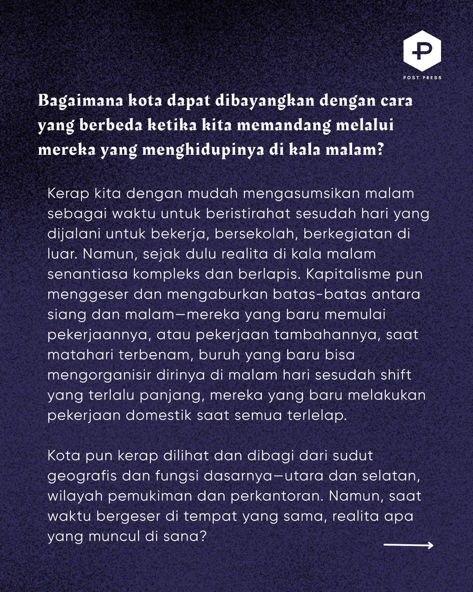 post_santa's tweet photo. Halo teman2. Post Press, penerbitan kecil kami, mengajakmu menulis cerita pendek untuk terbitan kami tahun 2027. nanti Untuk buku ke-13 kami ini, kami ingin menerbitkan  antologi yg berpusat pd mereka yang mengalami malam di sebuah kota. https://t.co/apgqo9oBZx