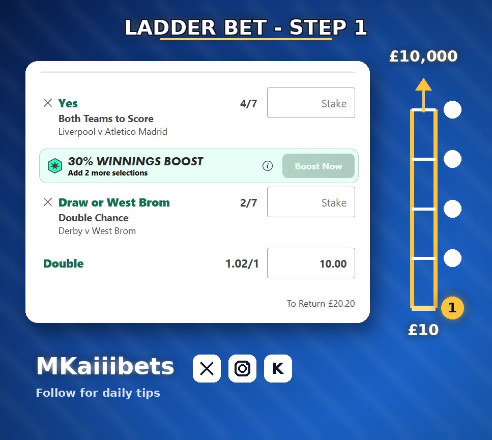 ItsMKaiiii's tweet photo. 🚨 £10 TO £10,000 CHALLENGE 
— ROUND 1 🚨 Starting the climb: BTTS Liverpool v Atletico + Draw/West Brom DC, 1.02/1 
🔒 £10 down, £10K the target.

 Follow the journey 👇 https://t.co/sMr0BSZczQ