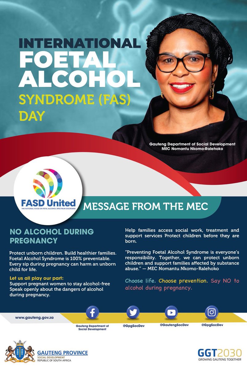 gpgSocDev's tweet photo. 09 September marks International Foetal Alcohol Spectrum Disorder (FASD) Awareness Day to highlight the dangers of alcohol consumption during pregnancy and promote zero alcohol intake.

MEC @NkomoNomantu send a message of support in observing the day:

#FASD https://t.co/vdy3N8Y0qo