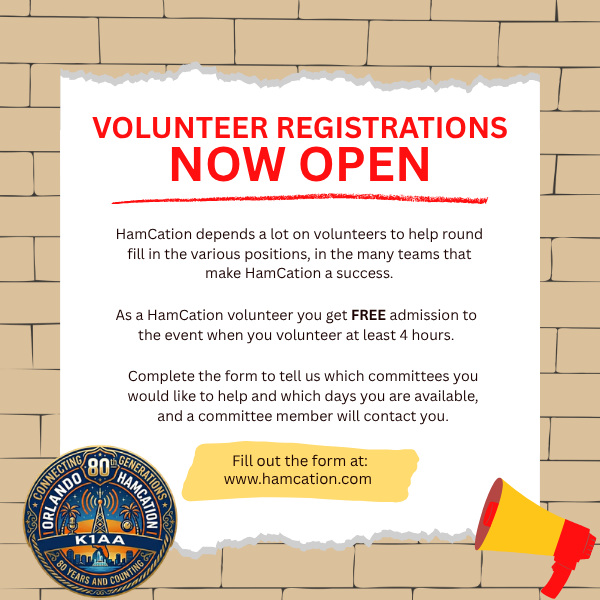 Hamcation's tweet photo. Want to be part of what makes Orlando HamCation such an incredible event? Volunteer 4+ hours, meet fellow hams &amp; get FREE admission. Sign up today and help make HamCation happen! 
Go to https://t.co/Xdtr0S0ejj https://t.co/TCuKZwQEap