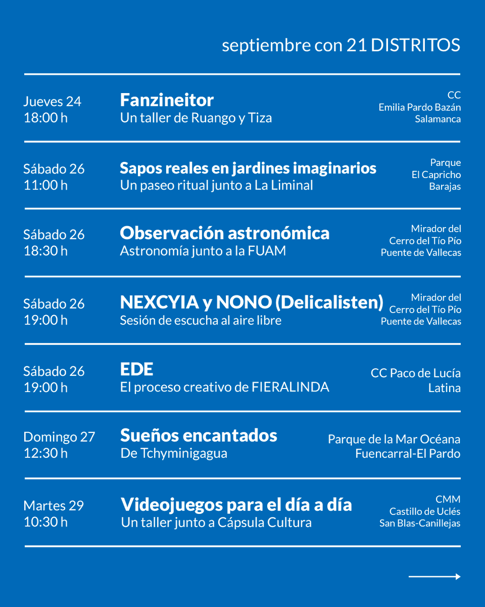 21distritos_'s tweet photo. 🚀 ¡#Septiembre viene fuerte!
Volvemos a los barrios con nuevos artistas, propuestas y más formas de vivir la cultura.
📍 Descubre tu próximo plan en la agenda de septiembre con #21DISTRITOS.
Más información en https://t.co/78aF1fSS2f
#Madrid #AgendaCultural https://t.co/m2dMiyDTnT