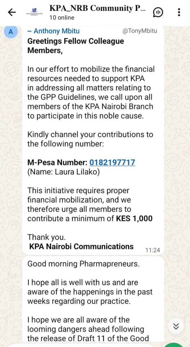 PharmaTrutg0y3's tweet photo. KPA Nairobi Chair @AndyMbitu is mobilising members’ money to bribe some individuals. Unbeknownst to contributors, such collections could be funding the university education of @EGichane. Pharm Techs should know! #PatientSafety #GoodPharmacyPractice https://t.co/3RXM39HHOn
