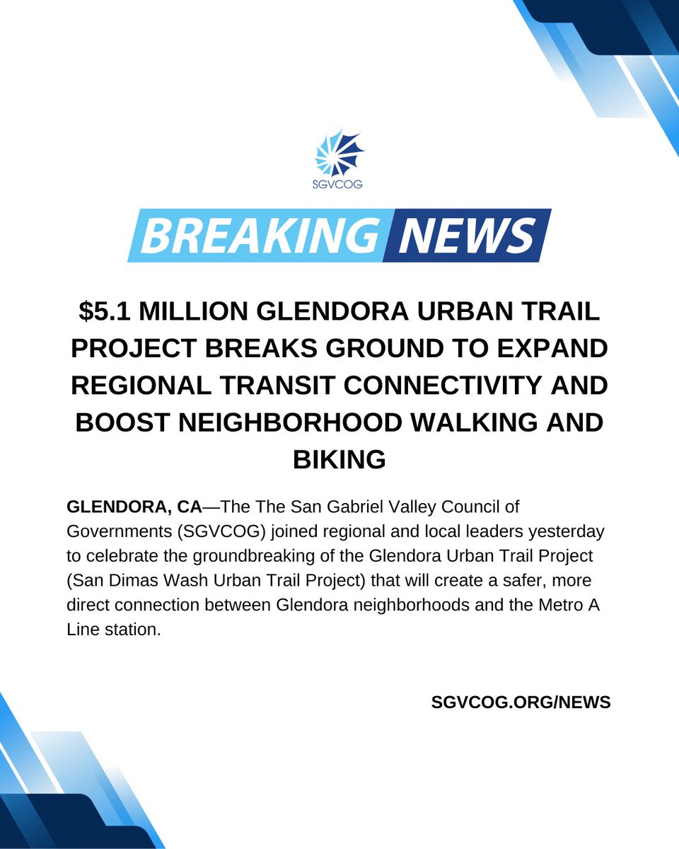SGVCOG's tweet photo. We’re thrilled to break ground on this 1.6-mile path along the San Dimas Wash! Part of the Glendora People Movement Project, it gives residents a direct, safe link to the Metro A Line station for walking &amp; biking. Read more: https://t.co/chndjlngP1 🚲 https://t.co/FkO76u8VIH