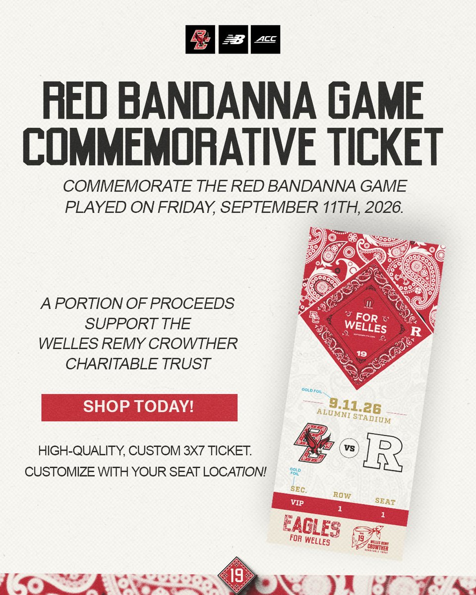 BCEagles's tweet photo. The Red Bandanna Game is back this Friday!

Be part of the action by securing red bandanna apparel, a customizable commemorative ticket, game used items and more! A portion of proceeds support the Welles Remy Crowther Charitable Trust.

Red Bandanna Apparel: https://t.co/iKxaY3Au9d
Game Used Items: https://t.co/21yNEvrmSL
Commemorative Ticket: https://t.co/OAjwEaoTBa