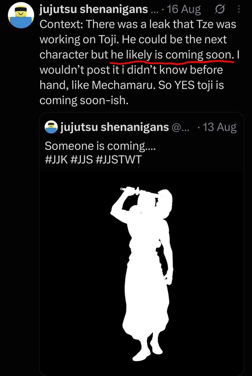 XedBoc's tweet photo. This guy either doesn't know what "likely" even means, or he's straight up gaslighting the same way the real JJS devs do. This is literally a screenshot from when he said I'm "view farming" of his sorry ahh. Also, saying Toji comes "soon-ish" just to do a 180 later is hilarious https://t.co/zdvszgml7l