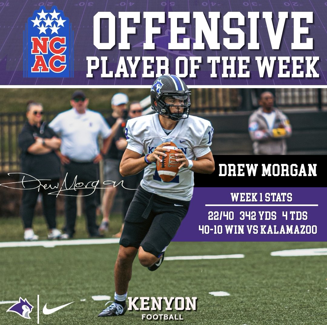 KenyonFootball's tweet photo. Congratulations to So. QB Drew Morgan on being named @NCAC Offensive Player of the Week! 🦉

#TakeFLIGHT #GoOwls https://t.co/9p5saI35m1