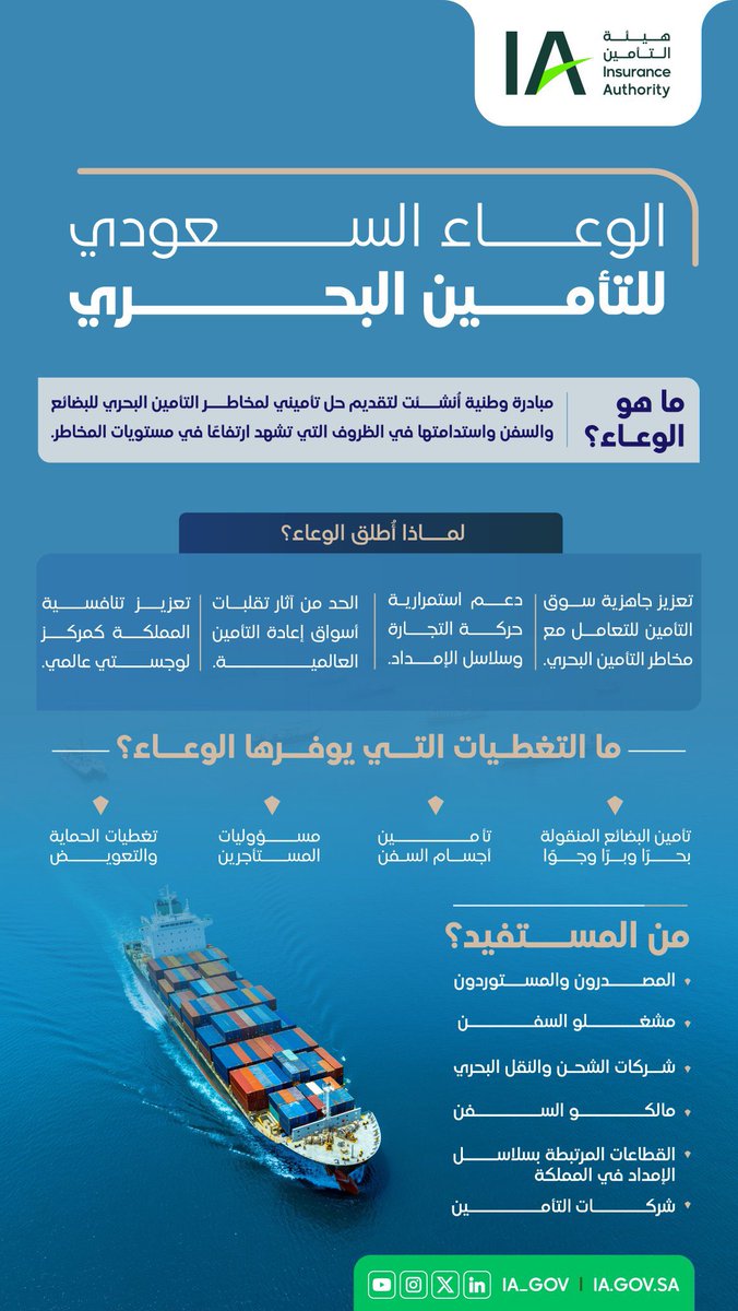 Ezzo_Khrais's tweet photo. وزير المالية يعلن عن صدور موافقة مجلس الوزراء على إنشاء الوعاء السعودي لتأمين أخطار الحرب للبضائع والسفن 🇸�� 🚢

*ماهو الوعاء ؟
مبادرة وطنية أُنشئت لتقديم حل تأميني لمخاطر التأمين البحري للبضائع والسفن واستدامتها في الظروف التي تشهد ارتفاعًا في مستويات المخاطر ✅

*تفاصيل أكثر 👇 https://t.co/3TyjTiS0EL