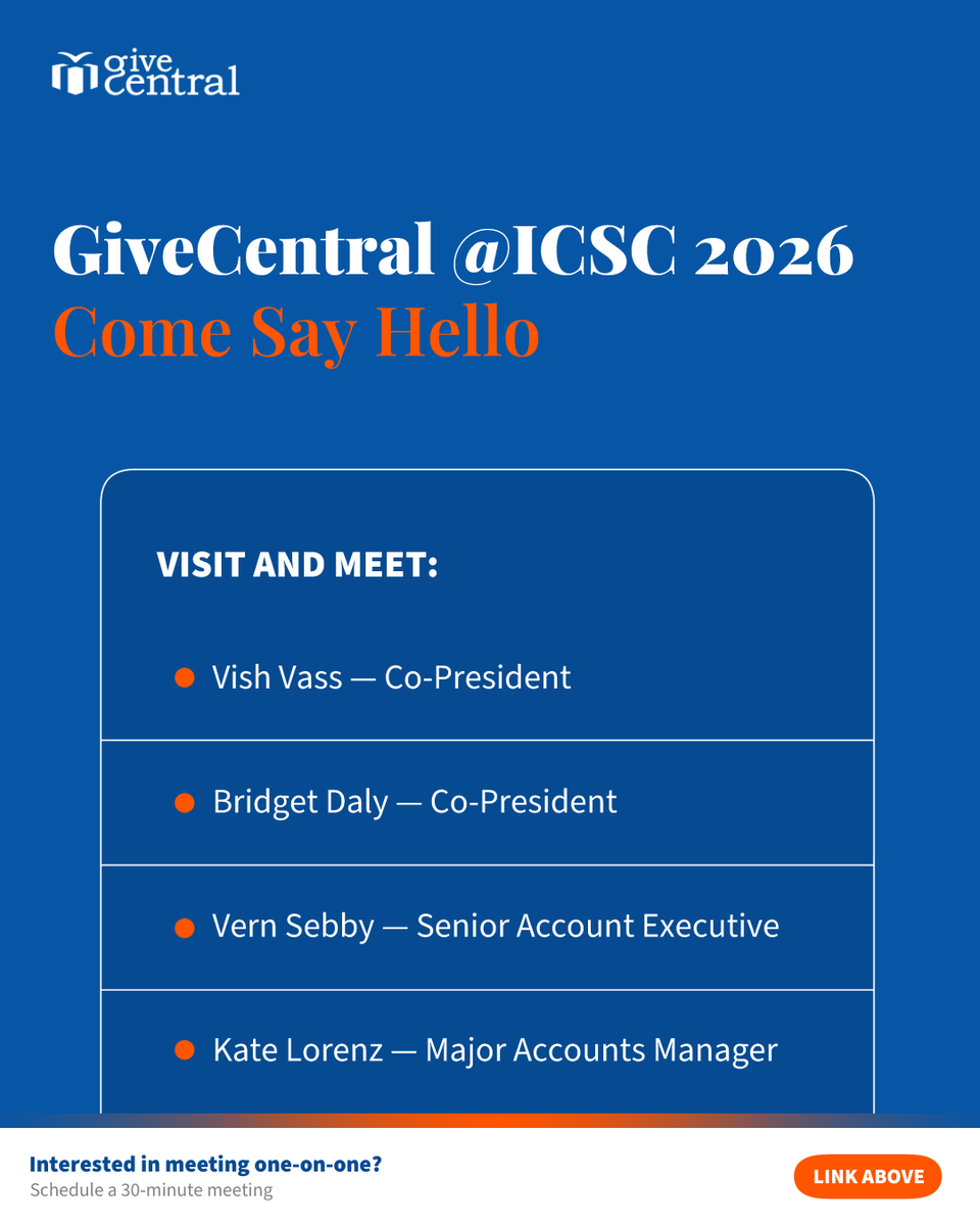 GiveCentral's tweet photo. Come visit our booth at ICSC 2026!

September 20-23 | Booth 305

Want to guarantee some dedicated time with one of our team members? Book a 15–30 minute slot in advance:
https://t.co/qP3h9Xwqmk

We look forward to seeing you there!

#GiveCentral #ICSC2026 https://t.co/ixRtltk6UV