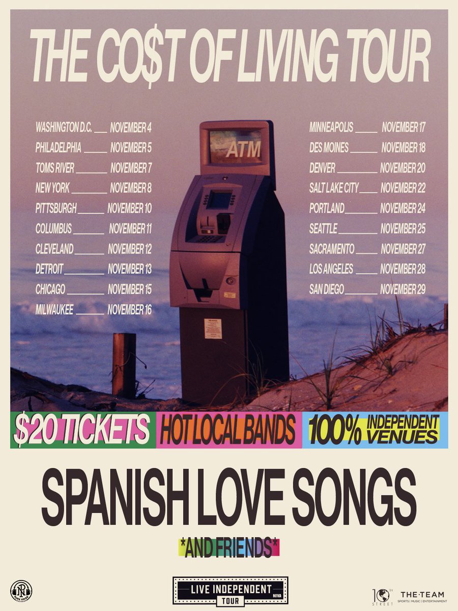 SpanishLuvSongs's tweet photo. THE CO$T OF LIVING TOUR — coming this fall from SLS, NIVA, and the best independent venues &amp; promoters we could assemble.

It’s the first-ever, NIVA-certified “Live Independent Tour”. $20 tickets. Independent venues only. Friends and local bands every night. https://t.co/vJUeCWPagS