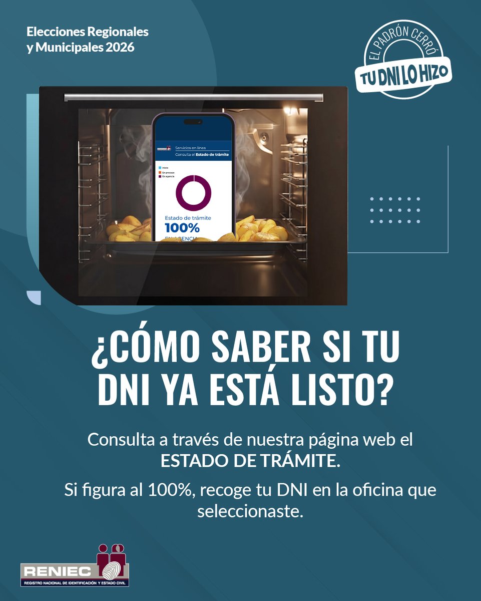 ReniecPeru's tweet photo. 🗳️ Este 4 de octubre, tu DNI será el único documento válido para votar en las #ERM2026.
🪪 Si ya realizaste el trámite de tu #DNIe, verifica si ya se encuentra listo para ser entregado y recógelo con anticipación. Evita dejar este paso para los últimos días.
🔎 Consulta el estado de tu trámite aquí: https://t.co/SSiy7XlfsJ
#ERM2026 #EstadoDeTrámite #Reniec #DNI #DNIe #ElPadrónCerró #TuDNILoHizo