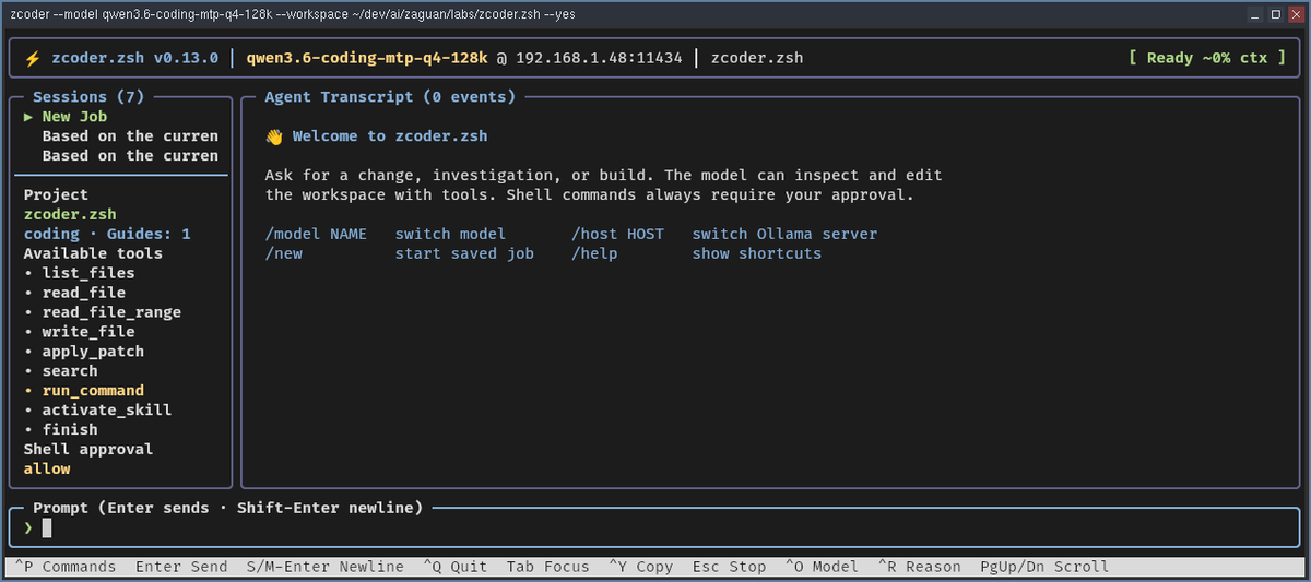 Zaguan_AI's tweet photo. This thing happened because I wanted to see how far I could push Zsh and just to have fun doing it.

Say hello to zcoder.zsh. A complete agent harness written in Zsh with a minimal set of external deps.

Try it: https://t.co/Pa6TyCJFI0

#zsh @ollama #localai #ai #agentharness #harness