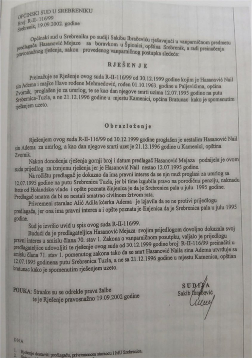 salata12345678's tweet photo. Још мало малверзација и превара око Сребренице. Умреш 21.12.1996 у Каменици, а заведу те да си умро 12.07.1995 и сахране те у Поточаре као цивилну жртву рата! 👇👇👇 https://t.co/ooEMChppAP