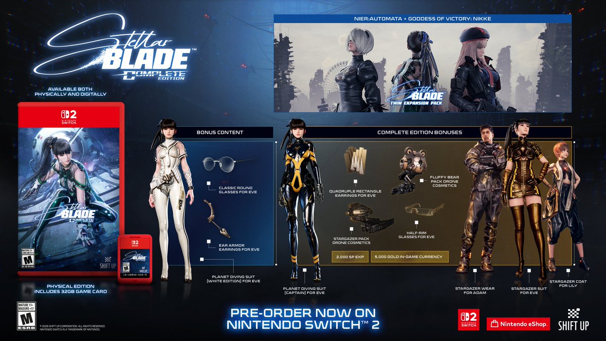 PMStudiosUSA's tweet photo. Humanity’s future hangs on the edge of a blade.

We've partnered with @StellarBlade to bring the Stellar Blade Complete Edition physically to Nintendo Switch 2! Available to pre-order now!

The complete edition includes cosmetics, outfits, currency and more! Also available in a beautiful Steelbook!