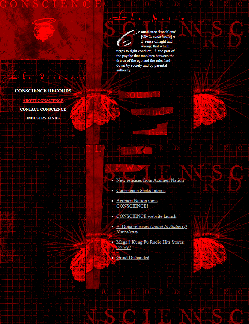 WebDesignMuseum's tweet photo. Grunge Web Design Style in the 1990s

– Spectacle in 1996
– Urban Diary in 1997
��� Conscience Records in 1998 
– p2 output in 1998 https://t.co/CcehBXeoiB