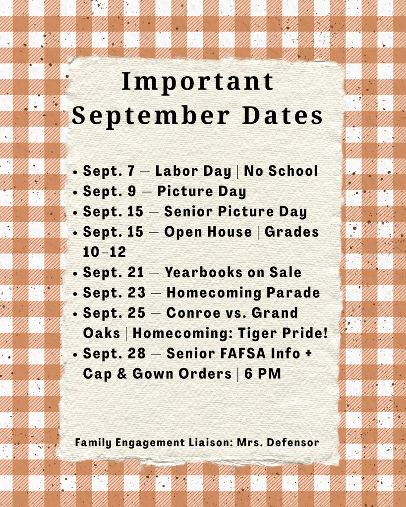 ConroeHSCISD's tweet photo. September is here, Tigers! 

Check out what’s happening at Conroe High School this month, including important dates, Spirit Days, and information from our Family Engagement Liaison. https://t.co/f5v292jTI3