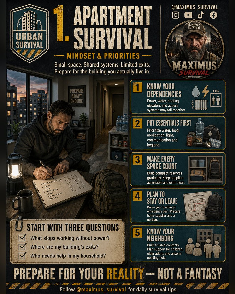 Maximus_Survive's tweet photo. 1️⃣ APARTMENT SURVIVAL: MINDSET &amp; PRIORITIES

#ApartmentSurvival #UrbanSurvival #Preparedness #EmergencyPlanning #Prepper #CitySurvival #SelfReliance #EmergencyPreparedness #SurvivalTips #MaximusSurvival https://t.co/Po6ZLFSzJq