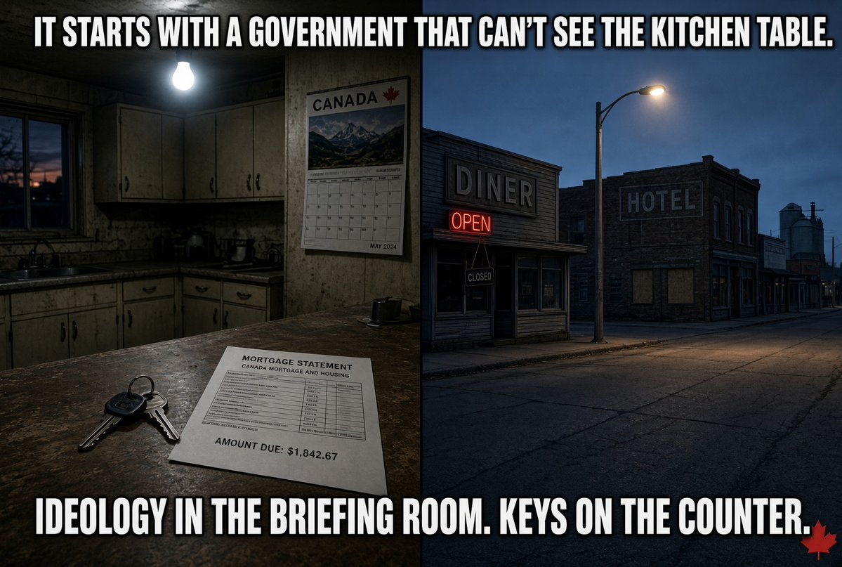Nana00018487212's tweet photo. I was a young adult with three small children when Trudeau Senior’s NEP hit Alberta.
It did not start with the layoff.
It started with a federal government that could not see the kitchen table.
Ottawa had a theory. We had a mortgage. The theory won. Then the keys went on the counter. Then the diner went quiet. Then the hotel. Divorces. Towns that felt like the main street was in receivership. I lived that sequence. I can see the forest this time.
This is not one province now. It is a country.
Carney’s long speech was a man from a book and a circle that does not grocery-shop the way you do. Brookfield. Central banks. Summits. Strasbourg. Inner-office screens run by friends. Grandiose talk about resilience and a trillion dollars while a generation cannot leave the basement, cannot buy a door, cannot start the life every generation before them got as ordinary.
They are so rich, and so sure of the ideology, they forget we are just people trying to live.
If you read who is in the room, it makes sense. They do not suffer the bill. They announce the path. We walk it.
The Canadian dream was never their strategy deck. It was: work, get a door, find a partner, have a child, keep going. That path is what they are breaking. Not with one speech. With a government that looks at the globe and never looks at the table.
Kitchen table first.
They cannot see it.
We can.