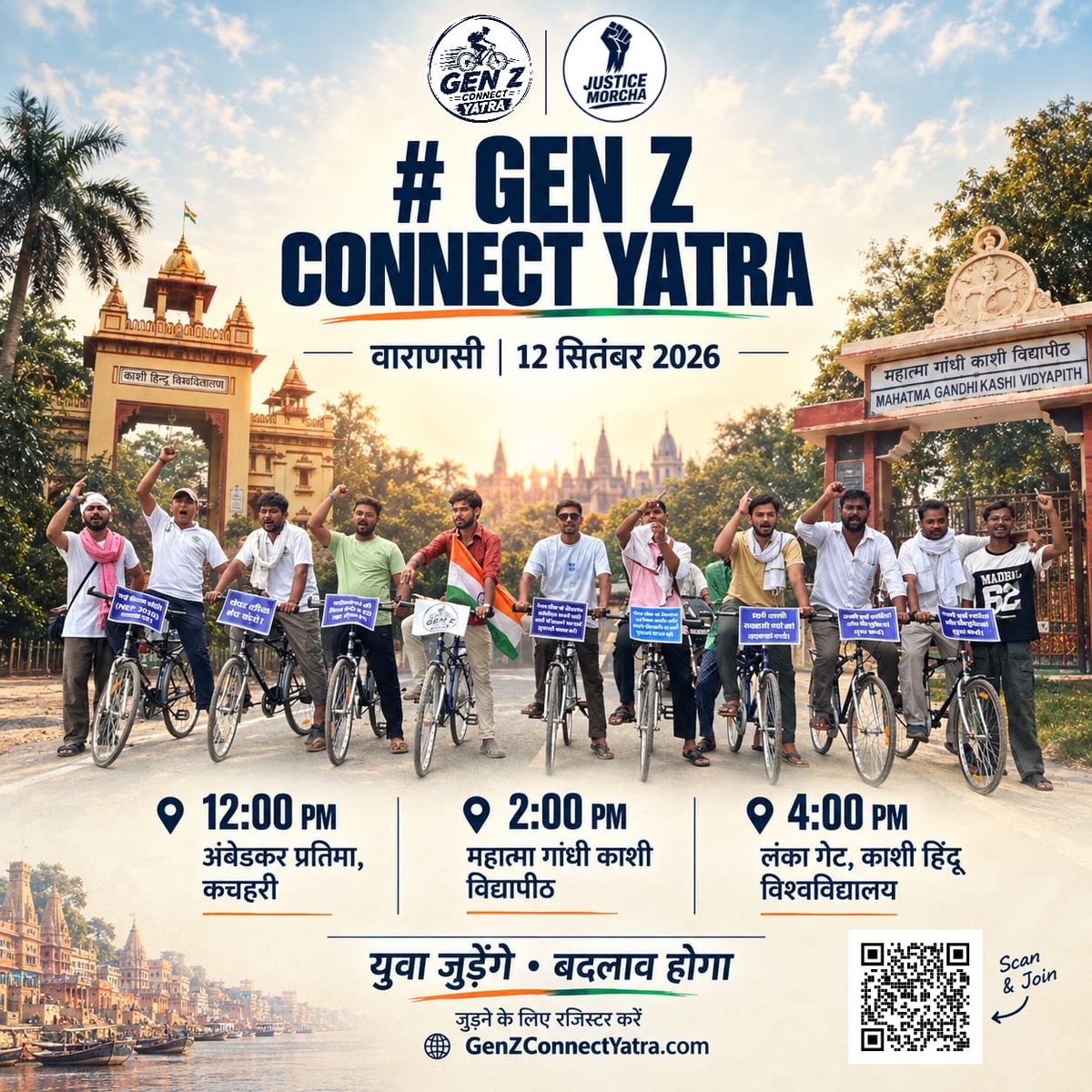 justicemorcha's tweet photo. Gen Z Connect Yatra Heads to Varanasi. Be Part of the Movement. https://t.co/Q698qxjupI