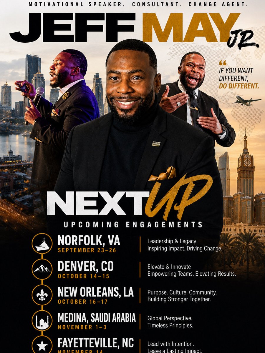 Jeffmayjr's tweet photo. NEXT UP. 🌎🔥
From Norfolk to Medina and beyond, Jeff May LLC is helping leaders and teams turn vision into execution.
🎤 Keynotes | 🤝 Team Building | 🧭 Coaching | 💡 Consulting
Ready to DO DIFFERENT?
https://t.co/5aGcyT1I6M
#Leadership #KeynoteSpeaker #TeamBuilding https://t.co/VI26IXtOFf