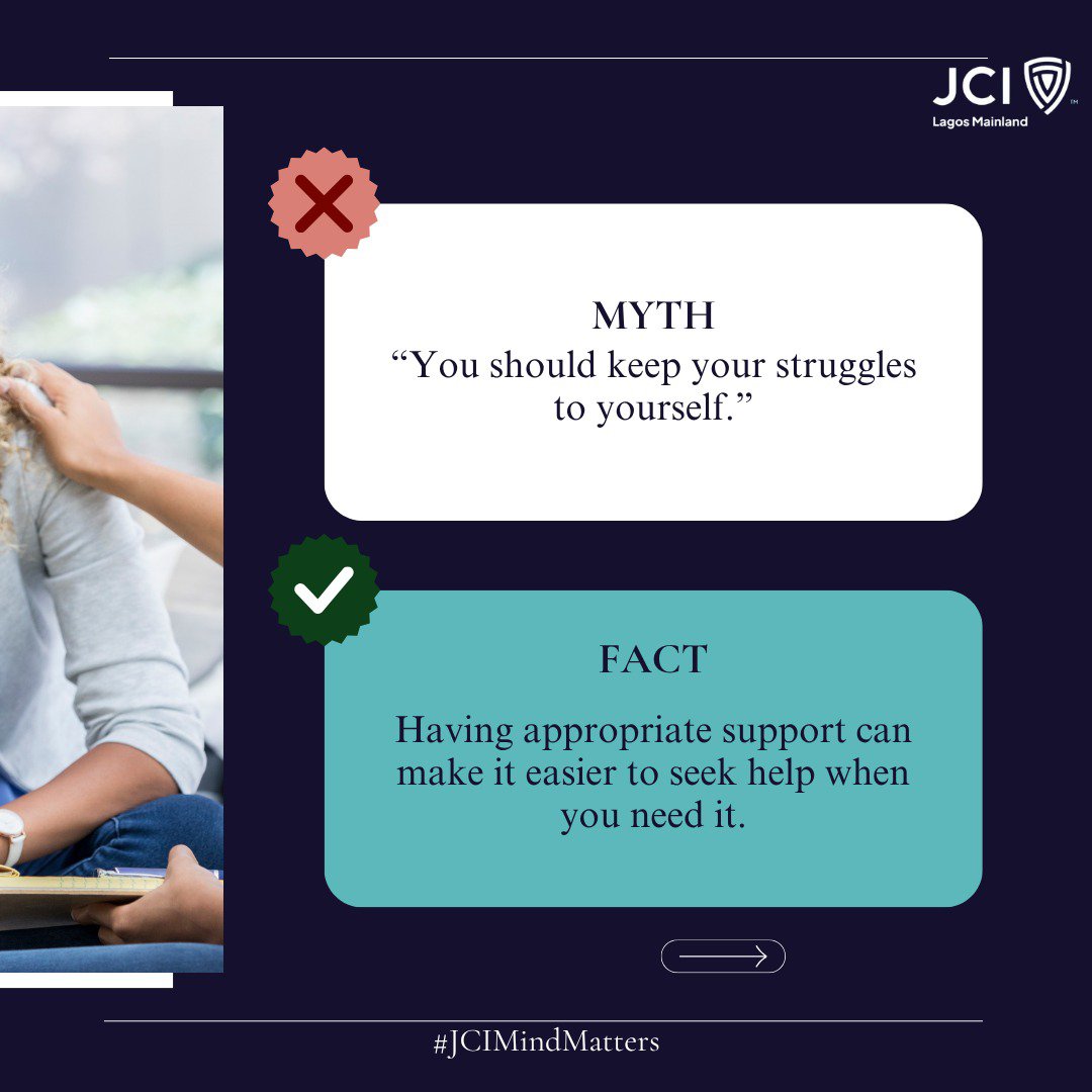 jcilagosmailand's tweet photo. We've all heard some of these myths at some point, and sadly many of us have believe them to be true.

But @jcilagosmailand is saying NOT ANYMORE! 

Here's the clarity you need for a thriving mind.
#JCIMindMatters #JCILagosMainland https://t.co/7PhWBYoBZo