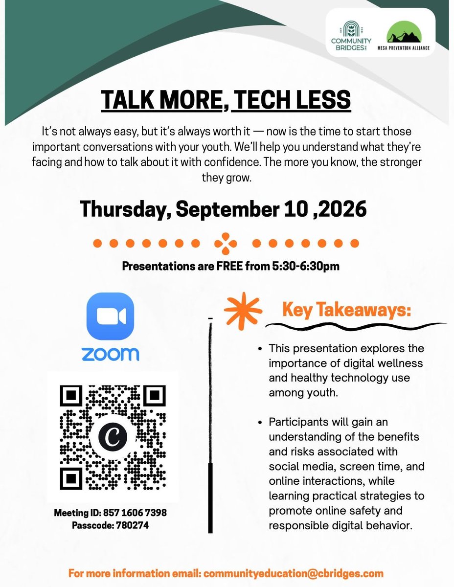 cbridgesinc's tweet photo. Parents, learn how to keep your kids safe in a digital world.

Join us Thursday, Sept. 10, from 5:30-6:30 p.m. for a FREE presentation on healthy and safe technology use for children and teens.

#TalkMoreTechLess #DigitalWellness #OnlineSafety https://t.co/lmUvOtmcHw