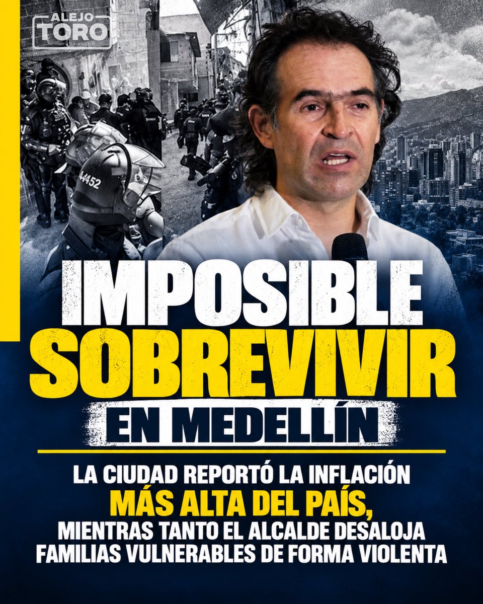 AlejoToroAnt's tweet photo. MEDELLÍN SE VOLVIÓ IMPAGABLE.

Tenemos la inflación más alta del país: 7,07%. Arriendos por las nubes y una ciudad cada vez más diseñada para el turista y el extranjero, mientras los sectores populares son excluidos.

¿Y la respuesta de Federico Gutiérrez? En Manrique, familias vulnerables denuncian que fueron sacadas con violencia por la fuerza pública y sin una solución definitiva de vivienda.

Una Medellín gentrificada, carísima y sin alternativas suficientes para los más vulnerables.
