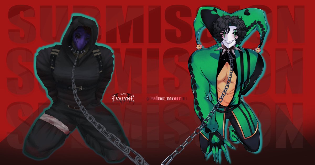 Lady_Evalyne_'s tweet photo. Collab with my twin @vxnw_crimson 
we show our husbands in chains Yeah 🗣️

#creepypasta #freakcircus #harlequin #eyelessjack https://t.co/GM67o9hUB7