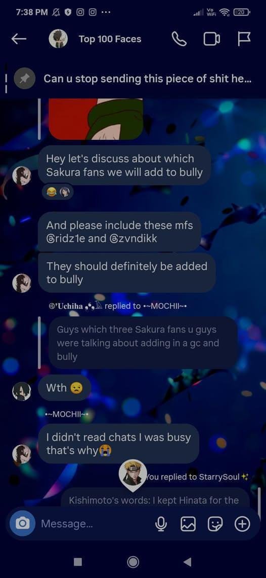 sakurholic's tweet photo. Hinata fans are Bullying and harassment sakura fans in their gc. https://t.co/ElOFHEboxY