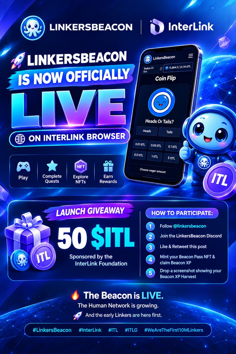 LinkersBeacon's tweet photo. 🚀 LINKERSBEACON IS OFFICIALLY LIVE ON INTERLINK BROWSER

A New Era of Utility & Rewards Begins Today. 🌐💜

After months of building, testing, refining, and working alongside the @inter_link Labs, LinkersBeacon is officially LIVE on the InterLink Testnet Browser.

Today marks a major milestone in our mission to bring gaming, quests, NFTs, rewards, and real utility to the Human Network, with the support of the @itl_fdn InterLink Foundation.

✨ This is more than a launch.

It’s the beginning of a new ecosystem hub where Linkers can play, participate, earn Beacon XP, explore NFTs, complete quests, and experience utility powered by $ITL.

🎉 LAUNCH GIVEAWAY — 50 $ITL MAINNET TOKENS 

To celebrate this milestone, 50 $ITL sponsored by the @itl_fdn  will be distributed to 10 lucky Linkers!

How to participate:
1️⃣ Follow @LinkersBeacon
2️⃣ Join Discord https://t.co/ymynmaGY1v
3️⃣ Quote Retweet & Tag 3 Linkers this post
4️⃣ Mint your Beacon Pass NFT & claim Beacon XP
5️⃣ Drop a screenshot showing your Beacon XP Harvest

🔥 The Beacon is LIVE.
🌐 The Human Network is growing.
🚀 And the early #Linkers are here first.

Welcome to LinkersBeacon. The journey starts NOW. 💜

#LinkersBeacon #InterLink #ITL #ITLG #WeAreTheFirst10MLinkers