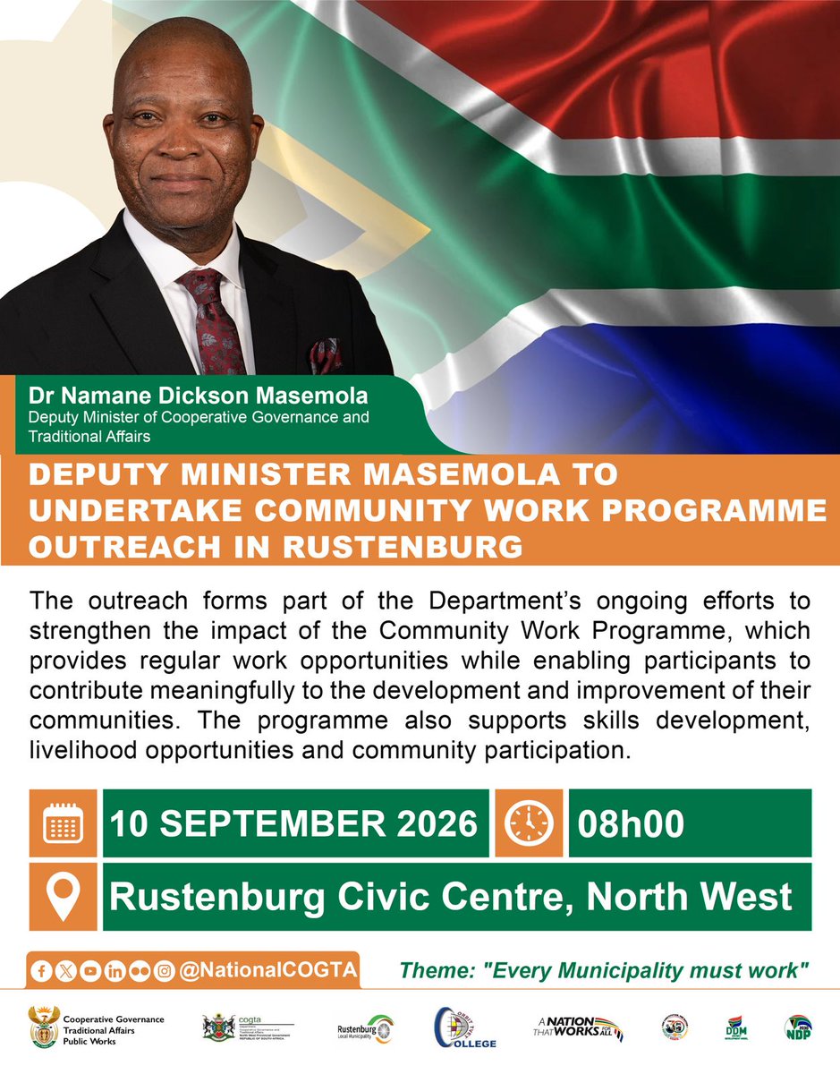 NationalCoGTA's tweet photo. Deputy Minister Masemola will lead a Community Work Programme outreach in Rustenburg, North West, on Thursday, 10 September.
The programme will spotlight how #CWP is supporting skills development, livelihoods and pathways to sustainable employment.
#EveryMunicipalityMustWork https://t.co/pprKNBiRXk