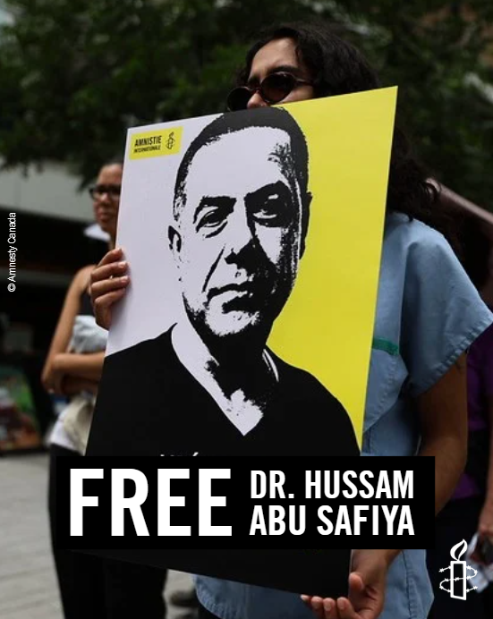 ErikaGuevaraR's tweet photo. We are deeply alarmed by reports that Dr. #HussamAbuSafiya has been subjected to repeated beatings, deliberate sleep deprivation, and threats aimed at preventing him from speaking about the conditions of his detention while in Israeli custody.
Israeli authorities must immediately and unconditionally release Dr. Abu Safiya and all Palestinians arbitrarily detained. Pending his release, the Israeli Prison Service must ensure that he is fully protected from torture and other ill-treatment, granted urgent access to adequate and independent medical care, and allowed immediate visits by independent monitors.
Act now: https://t.co/TnJbVYKbNL
#FreeDrHussamAbuSafiya