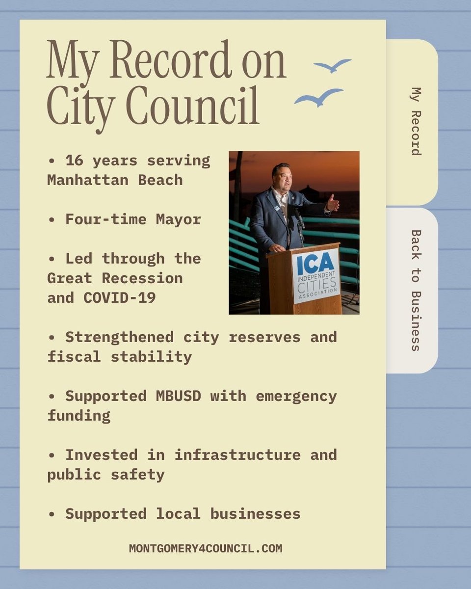 RMont4Council's tweet photo. @manbeachmayor Meet Richard Montgomery. A longtime Manhattan Beach resident, local business owner, former Planning Commissioner, four-time Mayor, and longtime City Councilmember, who brings decades of experience serving our community. Now he’s ready to bring that experience back! https://t.co/EBaD8aOMHj