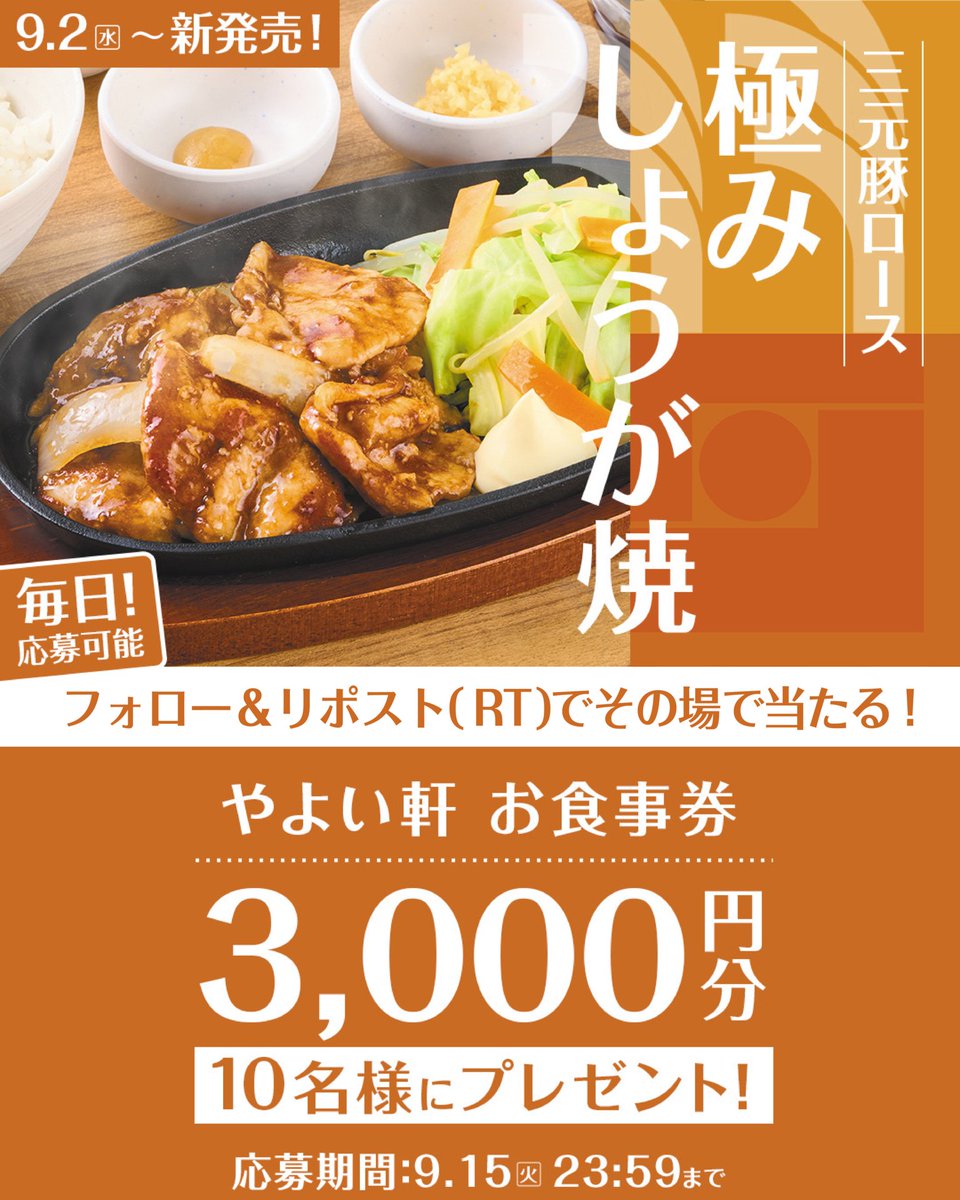 yayoiken_com's tweet photo. 📢本日9日目！
9.2(水)～極みしょうが焼定食発売記念キャンペーン🎉
【毎日】応募可能✨

画像内の景品を抽選で10名様にプレゼント🎁
9.15(火)迄

【応募方法】
1️⃣ #やよい軒 (@yayoiken_com )をフォロー
2️⃣この投稿をリポスト

#ごはんおかわり自由 #今日によいもの https://t.co/IN2saV8Wu9