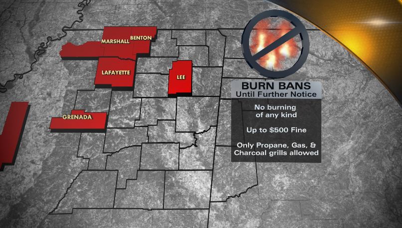 NickWTVA's tweet photo. BURN BANS🔥: Benton, Lee, Marshall, and Tate counties join Lafayette, Grenada, and Sunflower counties in a burn ban. Burning of any kind is prohibited during the ban which includes campfires, fireworks, burn barrels, debris burning and more. https://t.co/pXwspiaLTo https://t.co/ekJAn8IYOo
