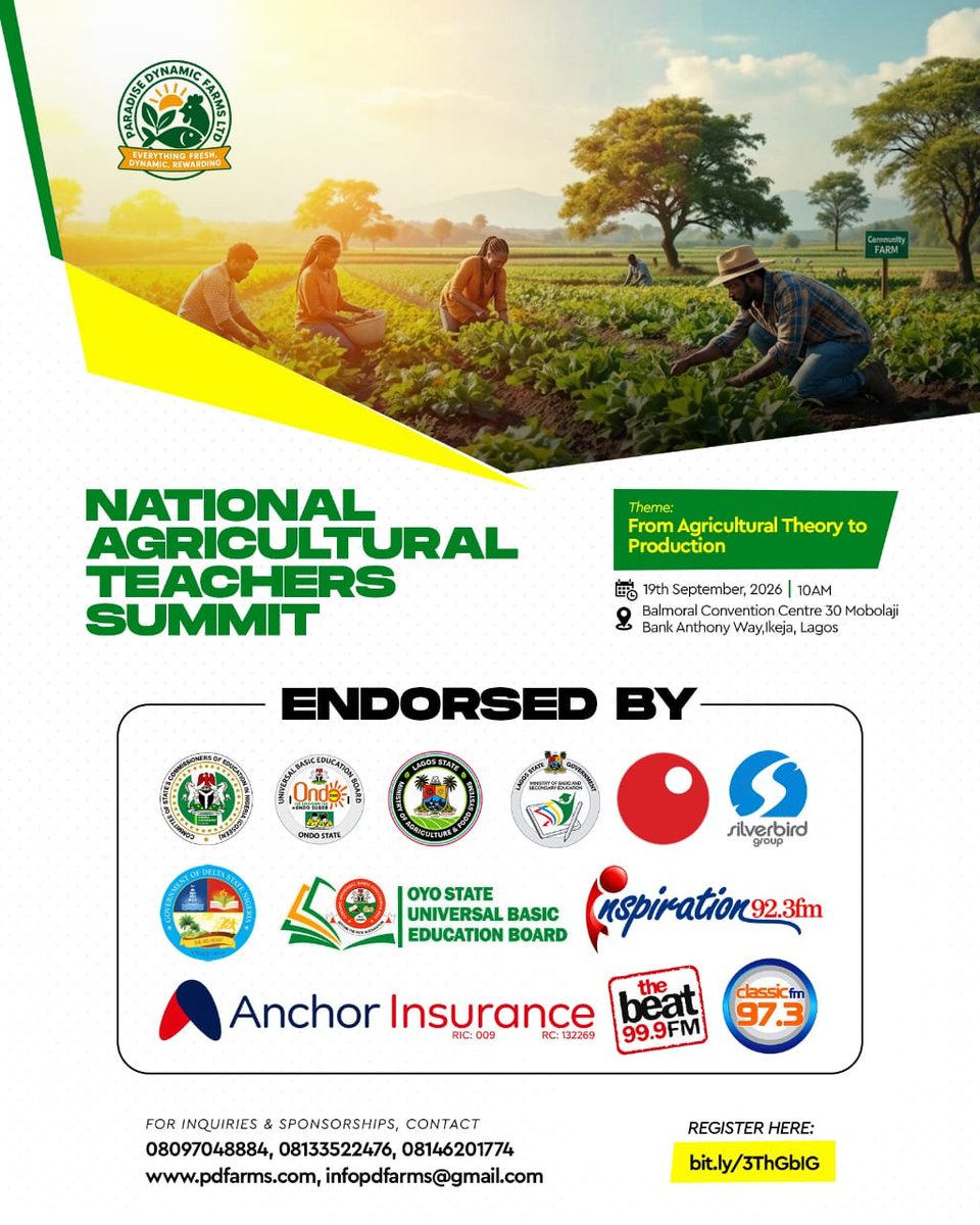 pdfarms_48's tweet photo. THE MOVEMENT IS GROWING! 🌱🇳🇬

NATS 2026 is gaining the support of organisations committed to the future of agricultural education and production.

We invite more brands, organisations and individuals to come on board.

🤝 Become a National Partner

📅 19 Sept. 2026
📍 Lagos https://t.co/pAQvjgcmgV