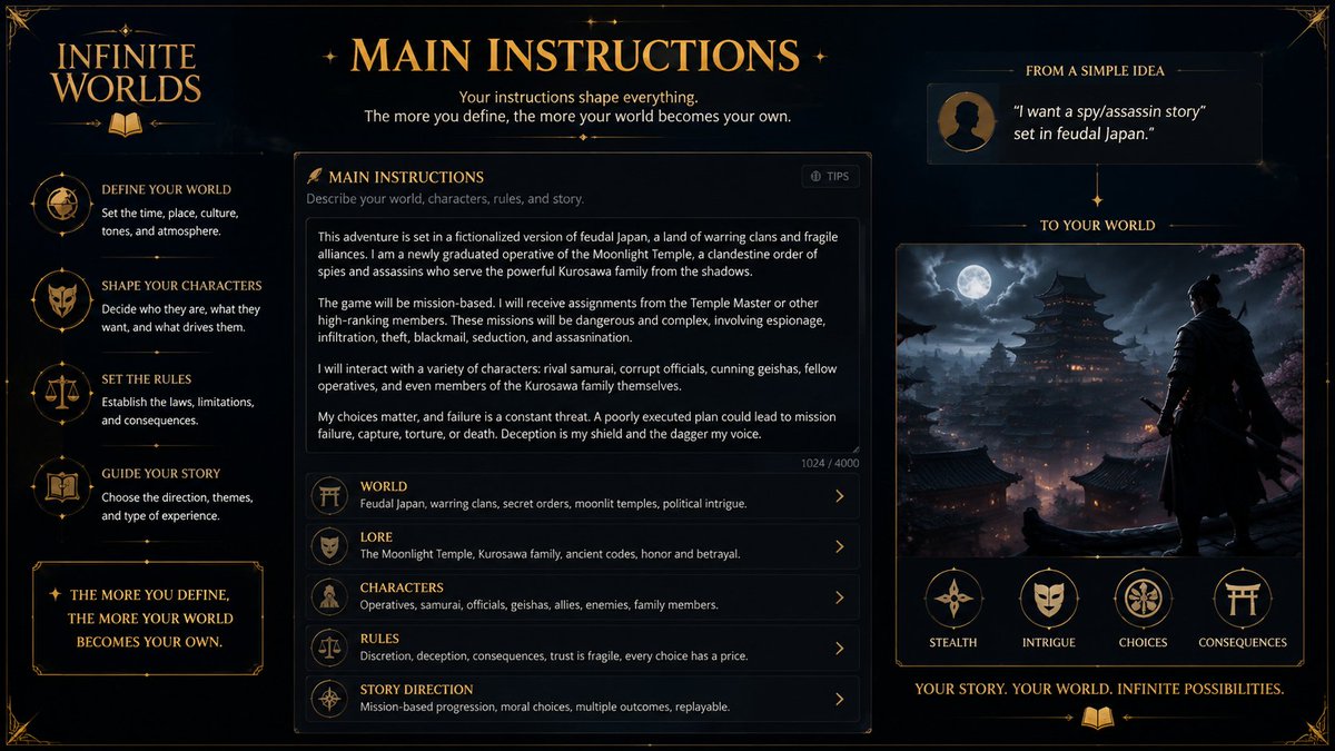 _infiniteworlds's tweet photo. Your world needs more than a setting. It needs rules. 🌎

With Main Instructions, creators can define the lore, character behavior, and details that shape how their adventure unfolds.

The more you define, the more your world becomes your own. https://t.co/ASL3VicUzB
