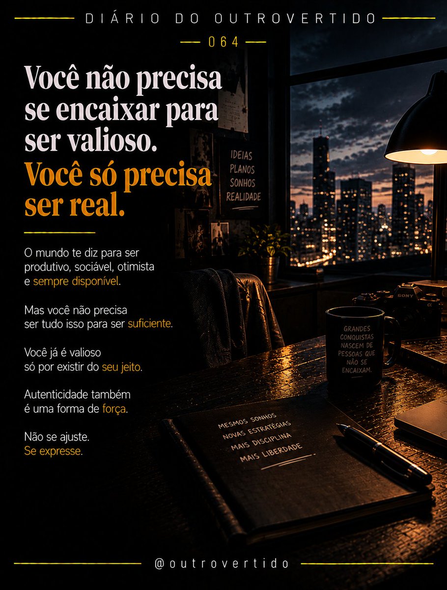 outrovertido's tweet photo. Você não precisa se encaixar para ser valorizado.
O mundo vai tentar dizer quem você deveria ser, como deveria agir e até o que deveria sentir.
#Outrovertido #Autenticidade #Autoconhecimento #Liberdade #Profundidade https://t.co/IXUBDjRT0b