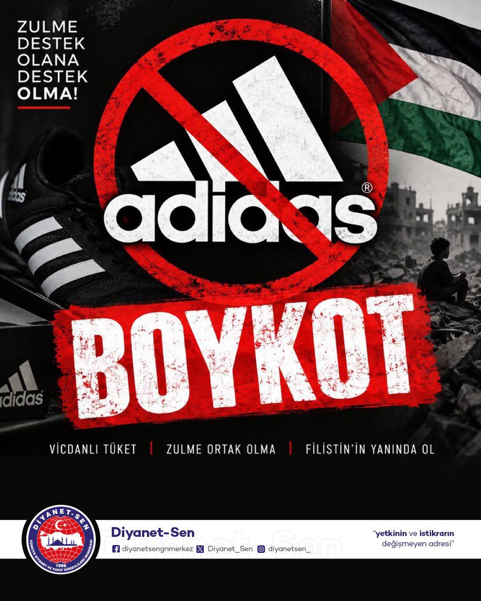 yildizali19's tweet photo. 📌 Gazze’de on binlerce masumu katleden, binlerce mazlumu engelli bırakan soykırımcı siyonist çetenin askerlerini reklam yüzü yapan Adidas’ı şiddetle kınıyoruz!

▪️Logonuzdaki üç bandı gerçeklerin üzerine çekerek soykırımı gizleyemezsiniz. 

▪️Diyanet-Sen olarak bu kanlı zihniyetin tüm destekçilerini lanetliyoruz!

#AdidasıBoykotEt 
#BoycottAdidas 
#BoycottIsrael
#Gazze #Filistin