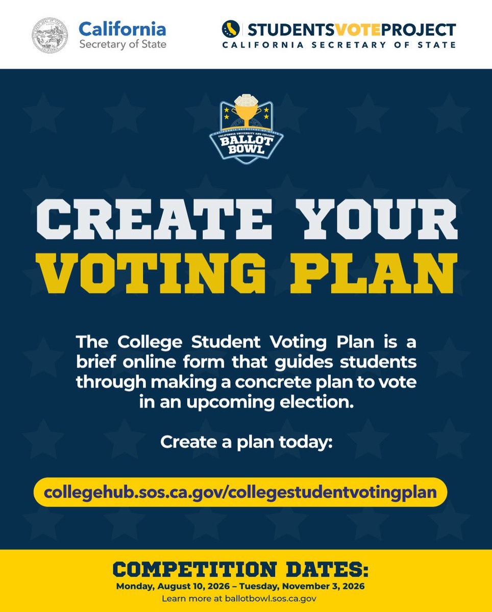 CASOSVote's tweet photo. College students: Have you made your plan to vote for the November 3, 2026, General Election? 🗳️ Create one today using our College Voting Plan tool and help your campus earn points for the 2026 Ballot Bowl competition! 🏈 https://t.co/Ap7h8CF5yV