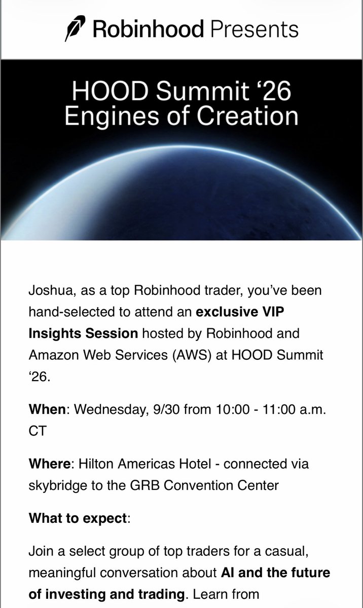 InvestwithMEH's tweet photo. Anyone else get the invite for the $AMZN AWS AI session a $HOOD summit? 

Maybe I can ask them about distributions since Amazon knows a thing or two 😂, to implement for $bucket. https://t.co/UpOzCZeE97