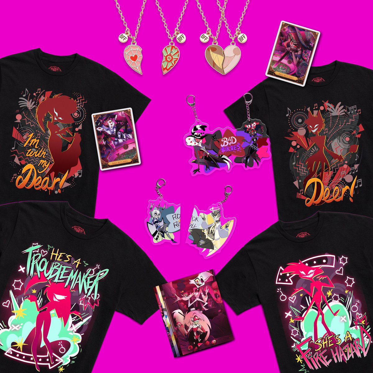 HellaversePrime's tweet photo. Best Friends Forever. Celebrate the most iconic friendships in Heaven and Hell—and pick up something special for your own BFF too. New tees, keychains, trading cards, and more are now available at https://t.co/94s8tscWk7 https://t.co/yDjNMDcvnY