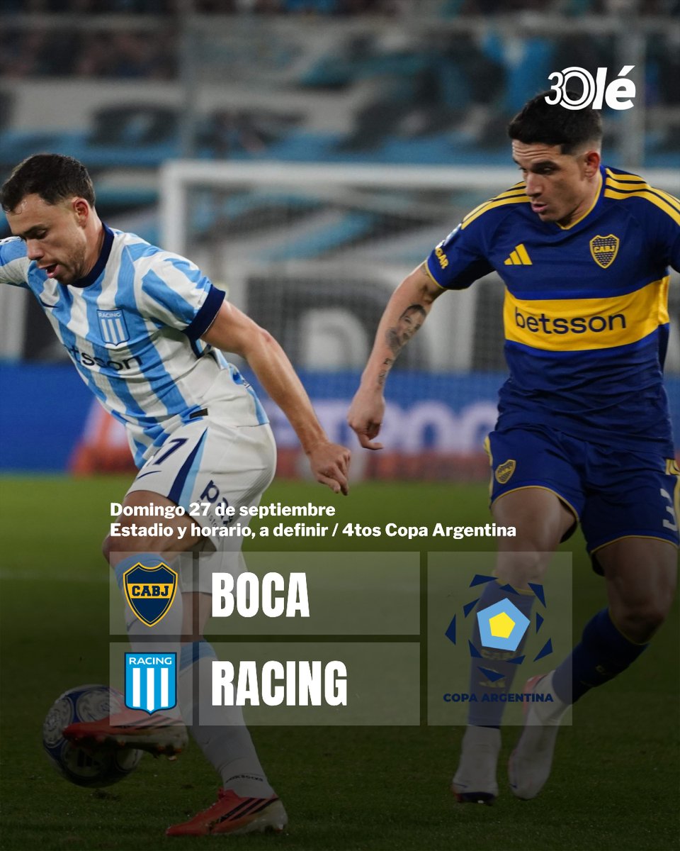 DiarioOle's tweet photo. 🚨🇦🇷 OFICIAL: mientras el reclamo de Vélez por mala inclusión sigue abierto, AFA CONFIRMÓ que el cruce entre Boca y Racing por cuartos de Copa Argentina se jugará el domingo 27 de septiembre 📅✅

🏟️ Estadio y horario, a definir https://t.co/QMFSj397ZI
