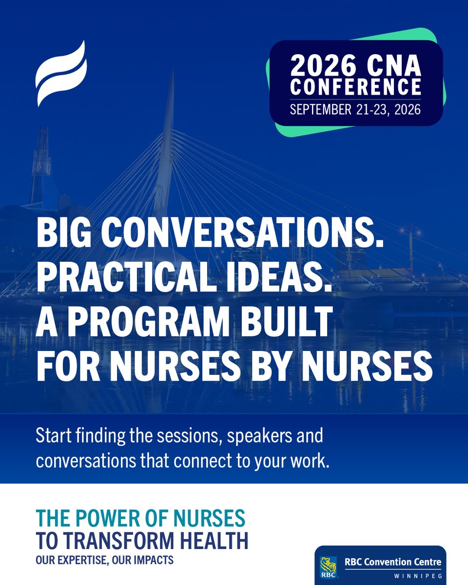 canadanurses's tweet photo. The CNA Conference 2026 program reflects the breadth of nursing — and the depth of the issues nurses are helping address across health care.

Across three days in Winnipeg, concurrent sessions, workshops, panels and PechaKucha presentations will explore ethical practice, nurse-led innovation, specialty knowledge, workforce well-being, and healthier health systems.

You’ll hear from nurses and partners working in direct care, education, research, leadership, policy, public health, primary care, mental health, harm reduction, Indigenous health, technology, specialty practice and more.

The program brings together current Canadian nursing research, practical examples, and emerging ideas from across roles, sectors and settings — with sessions designed to help you find the conversations most relevant to your work.

Join us in Winnipeg, September 21–23.
CNA members: $595 | Student members: $295 | Non-members: $695

Register now: https://t.co/7V5J1jXprm
--
Le programme de la Conférence 2026 de l’AIIC reflète la portée des soins infirmiers — et la profondeur des questions que les infirmières et infirmiers contribuent à aborder dans les soins de santé.

Au cours des trois jours à Winnipeg, des séances simultanées, des ateliers, des panels et des présentations PechaKucha examineront la pratique éthique, l’innovation dirigée par les infirmières et infirmiers, les connaissances spécialisées, le bien-être de l’effectif et des systèmes de santé plus sains.

Vous entendrez le point de vue d’infirmières et infirmiers ainsi que de partenaires travaillant en soins directs, éducation, recherche, leadership, politiques, santé publique, soins primaires, santé mentale, réduction des méfaits, santé autochtone, technologie, pratique dans une spécialité et bien plus.

Le programme réunit la recherche à jour en soins infirmiers au Canada, des exemples pratiques et des idées émergentes issus de tous les rôles, secteurs et milieux — ainsi que des séances visant à vous aider à participer aux conversations les plus utiles pour votre travail.

Joignez-vous à nous à Winnipeg, du 21 au 23 septembre.
Membres de l’AIIC 595 $ | Membres étudiants 295 $ | Non-membres 695 $

Inscrivez-vous maintenant : https://t.co/RvJfNWABNP

#CNA2026 #NursingLeadership #PowerOfNurses #AIIC2026 #LeadershipInfirmier #PouvoirdesInfirmièresetInfirmiers