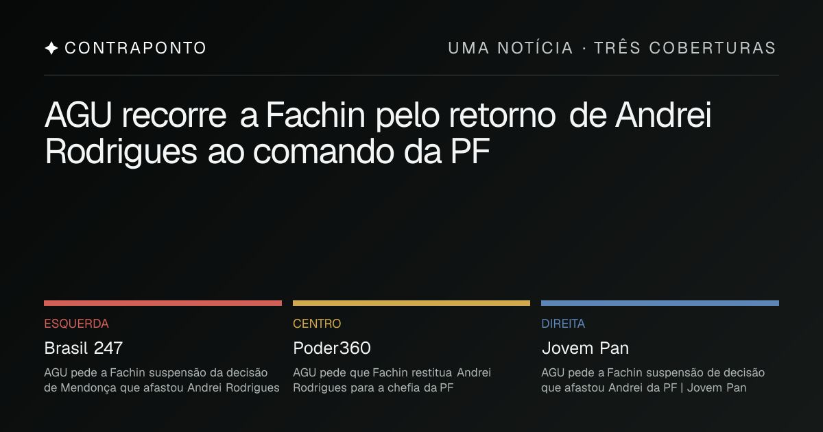 contrapontohoje's tweet photo. A AGU recorreu pelo retorno de Andrei Rodrigues à PF. @brasil247 enfatiza o conflito entre os Poderes, @Poder360 organiza a reação do governo e @JovemPanNews detalha as suspeitas que motivaram o afastamento. https://t.co/M48jf1Nt0S