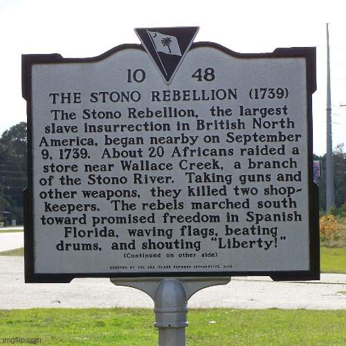 LiamOMaraIV's tweet photo. The #StonoRebellion, beginning #ThisDayInHistory in 1739, was the largest #SlaveRevolt in a British mainland colony. #Slaves in #SouthCarolina marched under a "#Liberty!" banner, seized weapons, burnt plantations on the way to #SpanishFlorida, and killed 23 colonial militiamen. https://t.co/CcdB9pyhpp