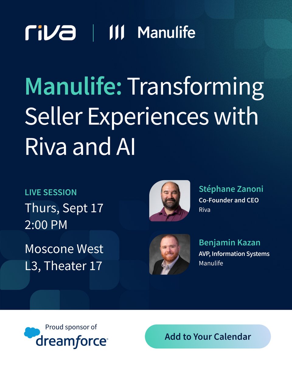 rivaengine's tweet photo. 📣 Join Riva and Manulife at Dreamforce 2026 for the live session:

Manulife: Transforming Seller Experiences With Riva and AI
 
📅 Thursday, September 17 at 2 PM
📍 Moscone West, L3, Theater 17
 
Add to calendar: https://t.co/7o1y9FlKoO
 
#Dreamforce #Dreamforce2026 #DF26 https://t.co/156Xpyz645