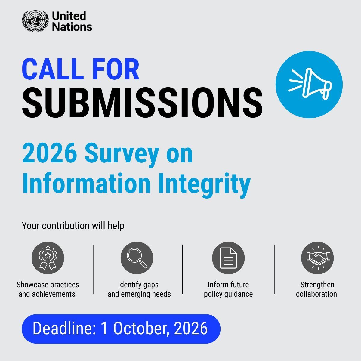 UNGeneva's tweet photo. 📢 Call for contributions to our Information Integrity Survey 📢 

If you are working to address information risks and strengthen information integrity, we want to hear from you by 1 October!

🔗 https://t.co/anjF5sxQoW https://t.co/cHcaArFQJ5