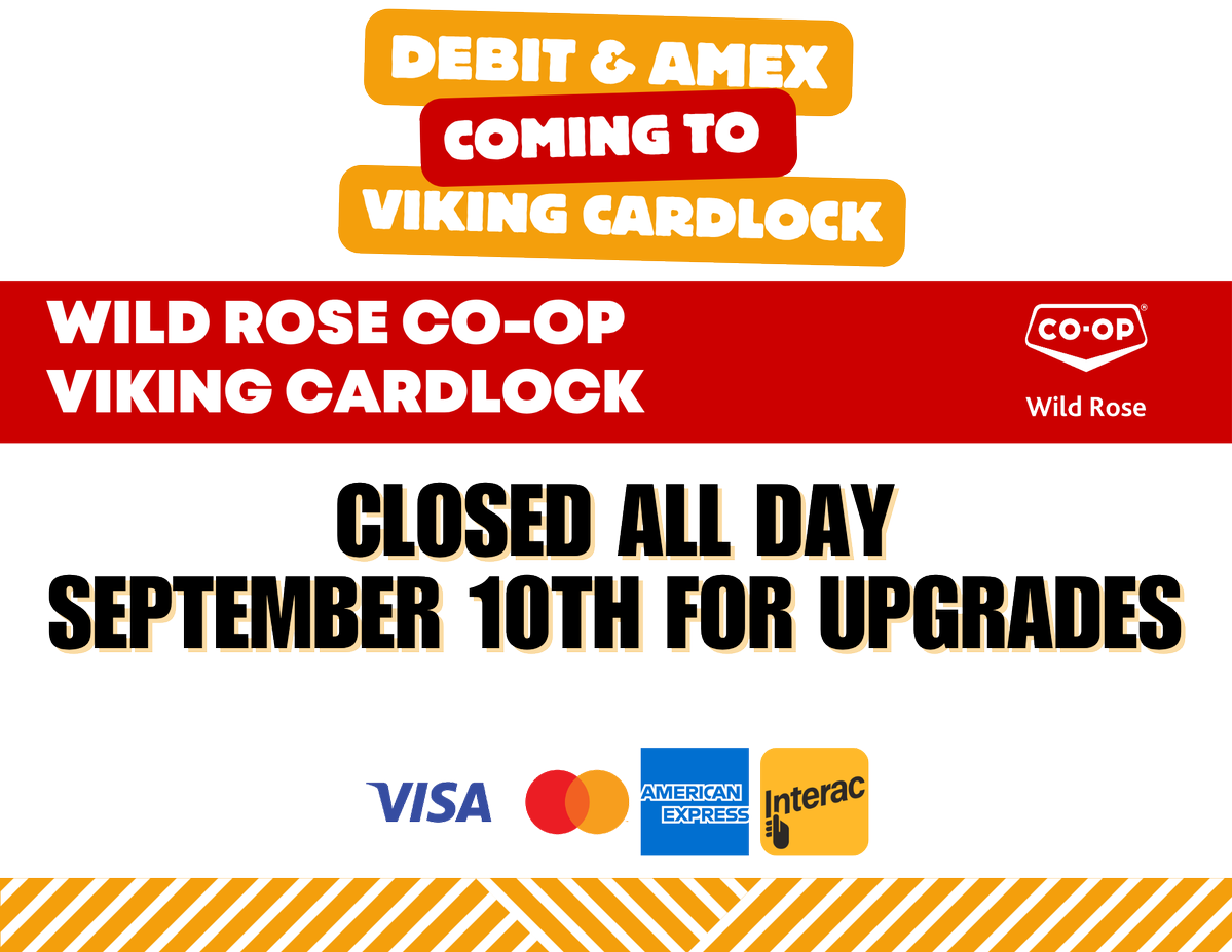 WildRoseCoop's tweet photo. Viking Cardlock will be closed all day Sept. 10 as we upgrade to Pay at the Pump. Thanks for your patience as we make fueling more convenient! ⛽

#wildrosecoop https://t.co/WGuHK9DuS9